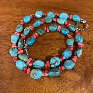 Collana Vintage Navajo Matrix Corallo Turchese Argento Sterling Fatta a Mano 18” - Foto 1 di 13