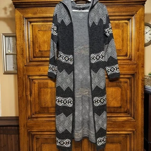 Sioni Duster Cardigan Sweater Womens L Geometric Hooded Long Boho Soft Cozy EUC - Picture 1 of 10