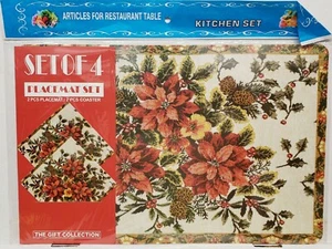 4pc Non Clear Thin Plastic Set:2 PLACEMATS &2 COASTERS,POINSETTIA FLOWERS,Mirtex - Picture 1 of 4