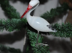Antiguo adorno de árbol de Navidad de vidrio, gran cigüeña de vidrio esmerilado en pinza - Imagen 1 de 2