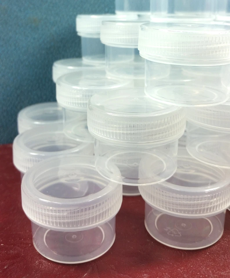 24 Clear Jars Gold Caps Lids Plastic 1/2oz 1tbl Container USA 3803 DecoJars