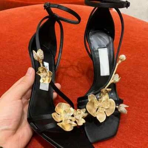 Women Golden Flowers High Heels Square Toe Sandals Pumps Stilettos Party Shoes - Picture 1 of 14