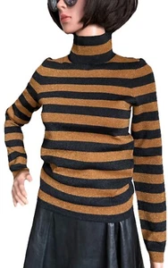 Alice Olivia Metallic Gold Black Stripe Sweater Wool Blend Turtleneck Pullover - Picture 1 of 13