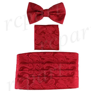 New Brand Q  Polyester Paisley Cummerbund Bowtie Hankie Set Wedding Prom Red - Picture 1 of 6