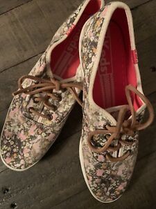 Keds Floral Canvas Shoes Sneakers Pink Green  Floral Brown Laces Sz.8.5