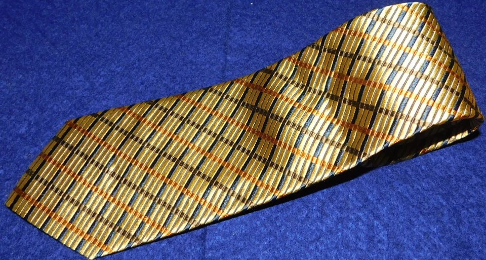 CORBATA A RAYAS CRUZADAS ALTEA MILANO HECHA EN ITALIA ORO/AZUL/MARRÓN - CORBATAS DE DISEÑO. Foto 1 de 3