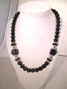 18" Single Strand Black Acrylic Beads Clear & Silver Tone Accent and Clasp - Picture 1 of 3