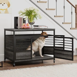 39" Heavy Duty Dog Cage Indoor Wooden Dog Kennel End Table w/2 Doors & Wheels - Picture 1 of 10