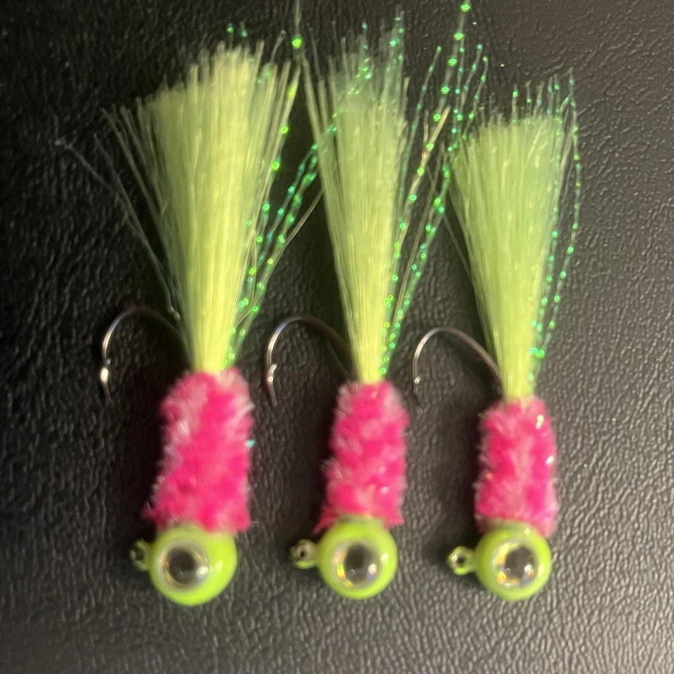 Three hand tied 1/16 crappie jigs - Image 1 of 1