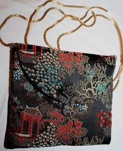Maßgefertigte Vintage handgefertigte chinesische Seide asiatischer Umschlag Handtasche mit 56" VENDOME Goldkette - Bild 1 von 12