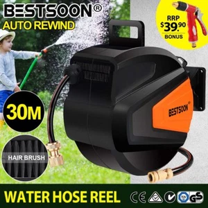 30M Retractable Garden Water Hose Reel Brass Gun Spray Gun Rewind Wall Mount - Picture 1 of 12