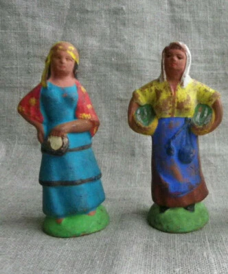 DEUX ANCIENS SANTONS EN TERRE CUITE  - BOHÉMIENNE ET MARCHANDE DE POISSONS - 9cm - Photo 1/4