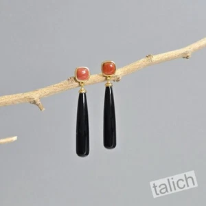 Gold Plated Sterling Silver Red Agate Black Onyx Long Teardrop Earrings Unique - Picture 1 of 8
