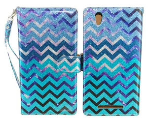 Glitter Purple & Teal Chevron Design Wallet Leather Case for ZTE ZMAX Z970 - Picture 1 of 7