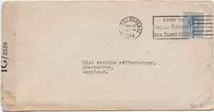 Bahamas 1944 KGVI 105A censurado Hotel Shoreham Nassau a Sharpsburg MD con carta - Imagen 1 de 3