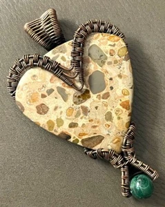Ocean Jasper Malachite Accent Copper Wire Wrap Penda Handcrafted - Foto 1 di 4