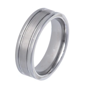 8mm Tungsten Carbide Pip Cut Brushed Center Duo Groove Ring Men Wedding Band - Picture 1 of 11