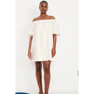 NWT Old Navy Off Shoulder Beach Boho Textured-Dobby Ivory Mini Swing Dress - Picture 1 of 9