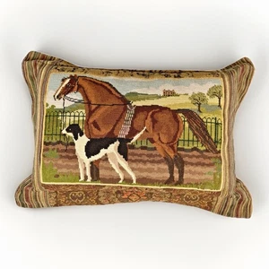 Suffolk Punch & Hound Dog Needlepoint Elizabeth Bradley Horse Equestrian Pillow - Picture 1 of 11