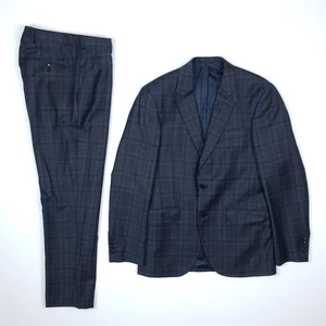 Hackett Check Suit 38 48 Blue Brown 2 Piece W32 L28 Slim Flannel Wool Savile Row - Picture 1 of 24