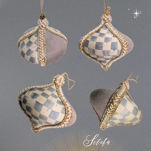 Mackenzie Childs Sterling Check Ornament Gray Velvet Patchwork Onion, Set of 4 - Picture 1 of 8