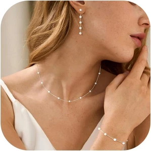 Set collana e orecchini perle placcate argento con orecchini a goccia, bracciali, girocollo - Foto 1 di 12