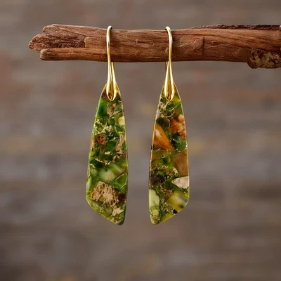 Green Sea Sediment Jasper Stone Dangle Earrings Natural Gemstone Drop Earrings - Image 1 of 4