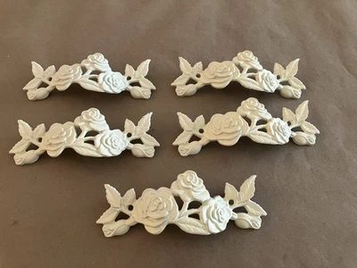 Vintage KBC Metal Drawer Pulls  Set Of 5 Shabby Chic Off White Floral Rose 1994 - Image 1 of 4