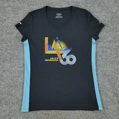 Camisa Asics para mujer mediana negra ropa deportiva LA Marathon 2015 cuello en V manga corta Foto 1 de 4