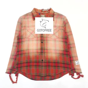 GOTOFREE 24SS RED PLAID FLANNEL SHIRT DISTRESSED WASHED FADING BUTTON SHIRT - Picture 1 of 7