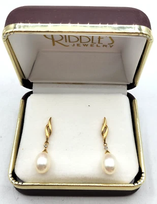 14k Riddles Pearl Dangle Diamond Earrings - Image 1 of 4