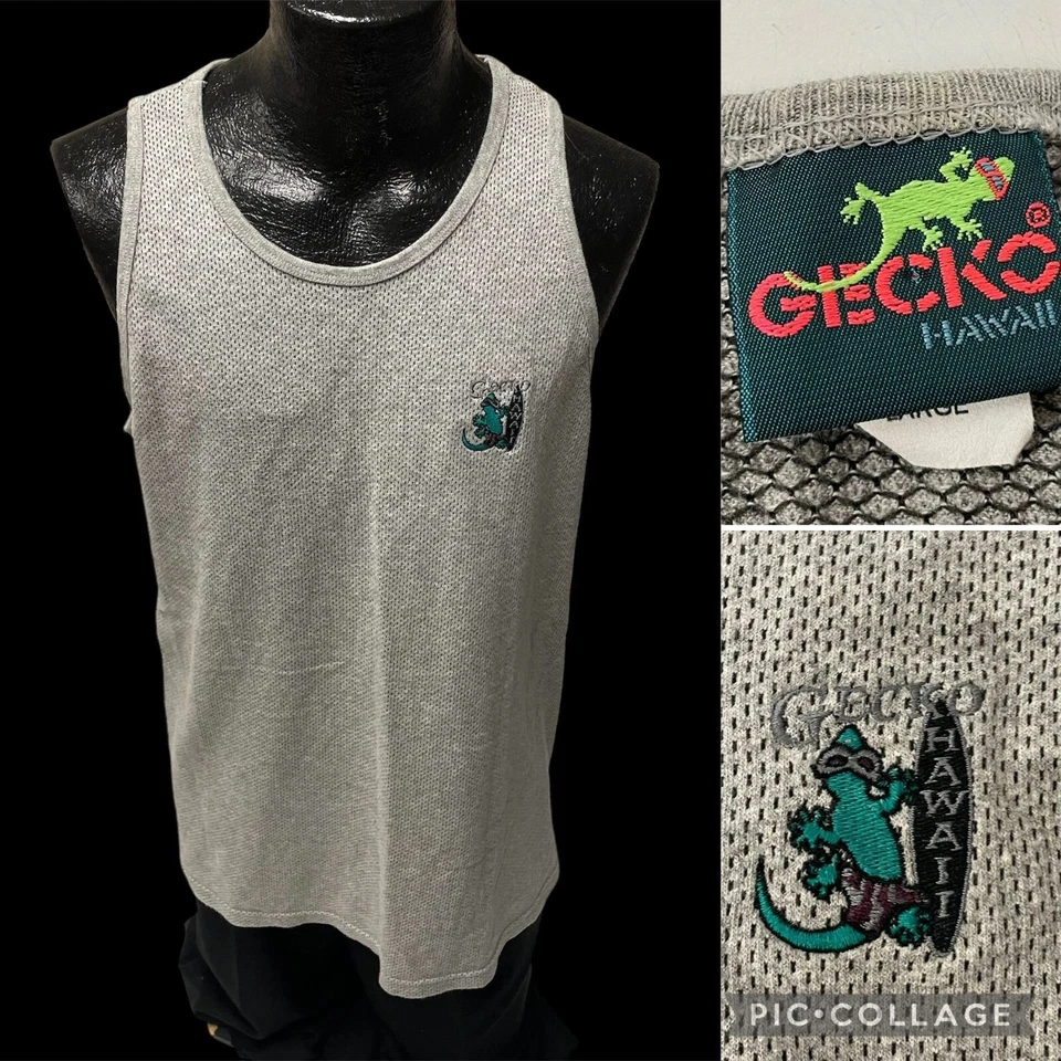 Vtg 80's GECKO Hawaii Lizard Logo Gray Mesh MUSCLE Shirt SURFER Skater Tank Top - Image 1 of 4
