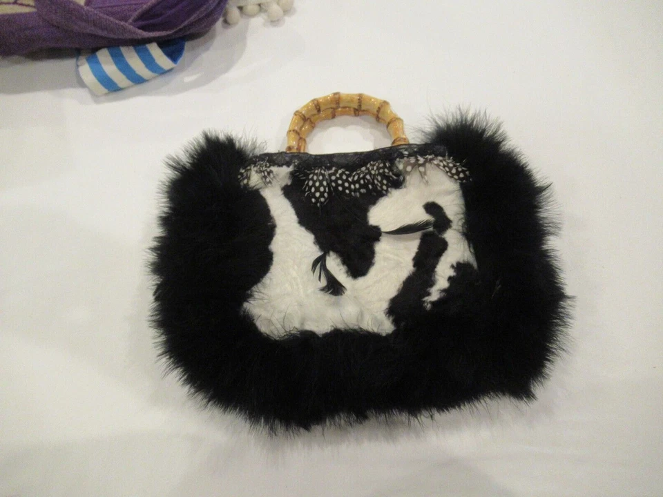 DAG feather and fur purse with bamboo handles - Image 1 of 4