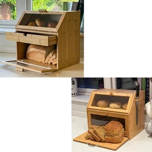 Large Bread Bins Natural Bamboo Wood 2/3 Compartment Loaf Storage Racks Kitchen - Picture 1 of 30