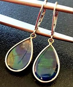 NOS 14K White Gold Pear Shape Amolite Pierced Dangle Ladies Earrings Lever Back - Picture 1 of 12