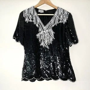 Vintage S’tenay M Evening Sequined Top Black White Silk Hand Beading India Zip - Picture 1 of 6