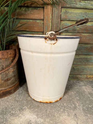 Vintage French White Rustic Hanging Enamel Milking Bucket Garden Planter Tub Cover