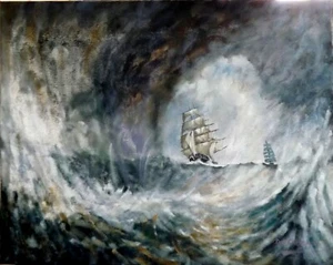 DON CAMERON ORIGINAL Cutty Sark leads Great Tea ship boat maritime OIL PAINTING - Picture 1 of 1