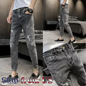 Man's Casual Denim Ripped Straight Slim Fit Cargo Jeans Joggers Elastic Trousers - Picture 1 of 8