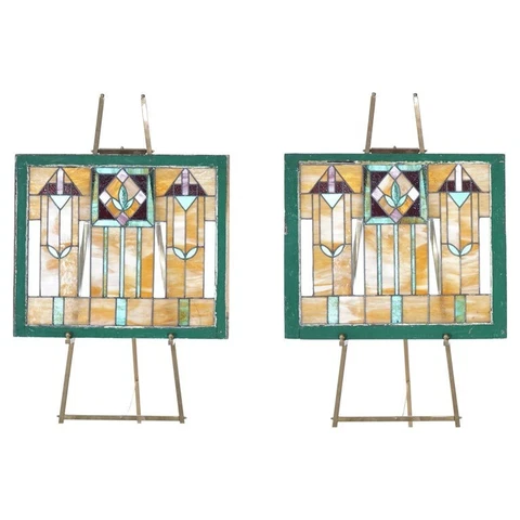 Antique Pair of Frank Loyd Wright Arts & Crafts Leaded & Stained Glass Windows Cover