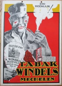 Tobacco 1940 Advertising Sign, Man Smoking Pipe, Artist Signed, Mechelen Belgium - Picture 1 of 1