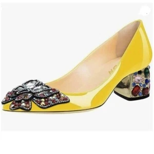 YDN Women Pointed Toe Bow Pump Colorful Rhinestone Block Low Heel Butterfly - Picture 1 of 9