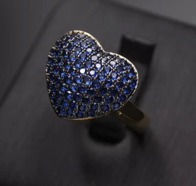 14k Gold Plated Dark Blue Heart Pendant Necklace Ring made w Swarovski Crystal - Image 1 of 4
