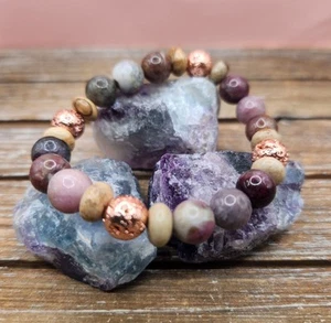 Watermelon Tourmaline, Picture Jasper, and Lava Rock Beaded Bracelet - Picture 1 of 6