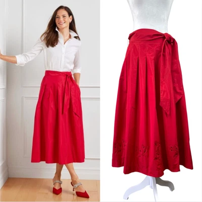 Talbots Embroidered Taffeta Midi Skirt Sz 6 Pleated Tie Waist Party Holiday - Image 1 of 4
