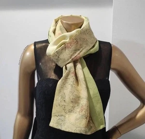 Handmade Pure Silk Scarf Floral Pattern Green Cream Japanese Kimono Fabric Wrap - Picture 1 of 4