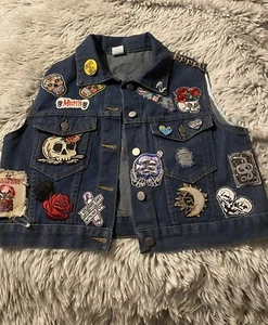 Custom Women’s Denim VEST Misfits, Rock And Witch Themed Patches Up-Cycled - Picture 1 of 6