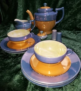 Vintage Japan Hand Painted Blue & Peach Lusterware Partial Tea Set Flaws - Picture 1 of 7