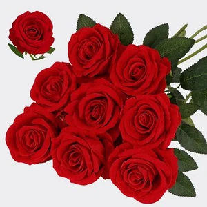 Velvet Roses Artificial Flowers, Fake Roses Long Stem, Real Touch 12PCS Red - Picture 1 of 9