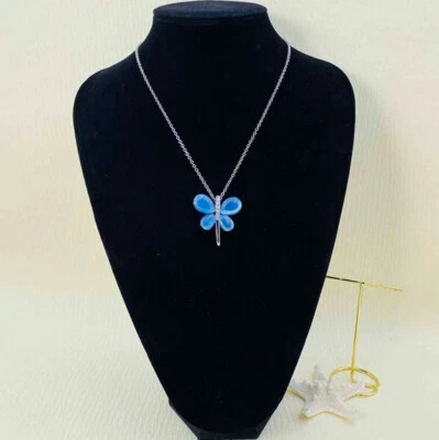 Collana donna  catenina argento colore azzurro farfalla blu strass brillantini - Immagine 1 di 3